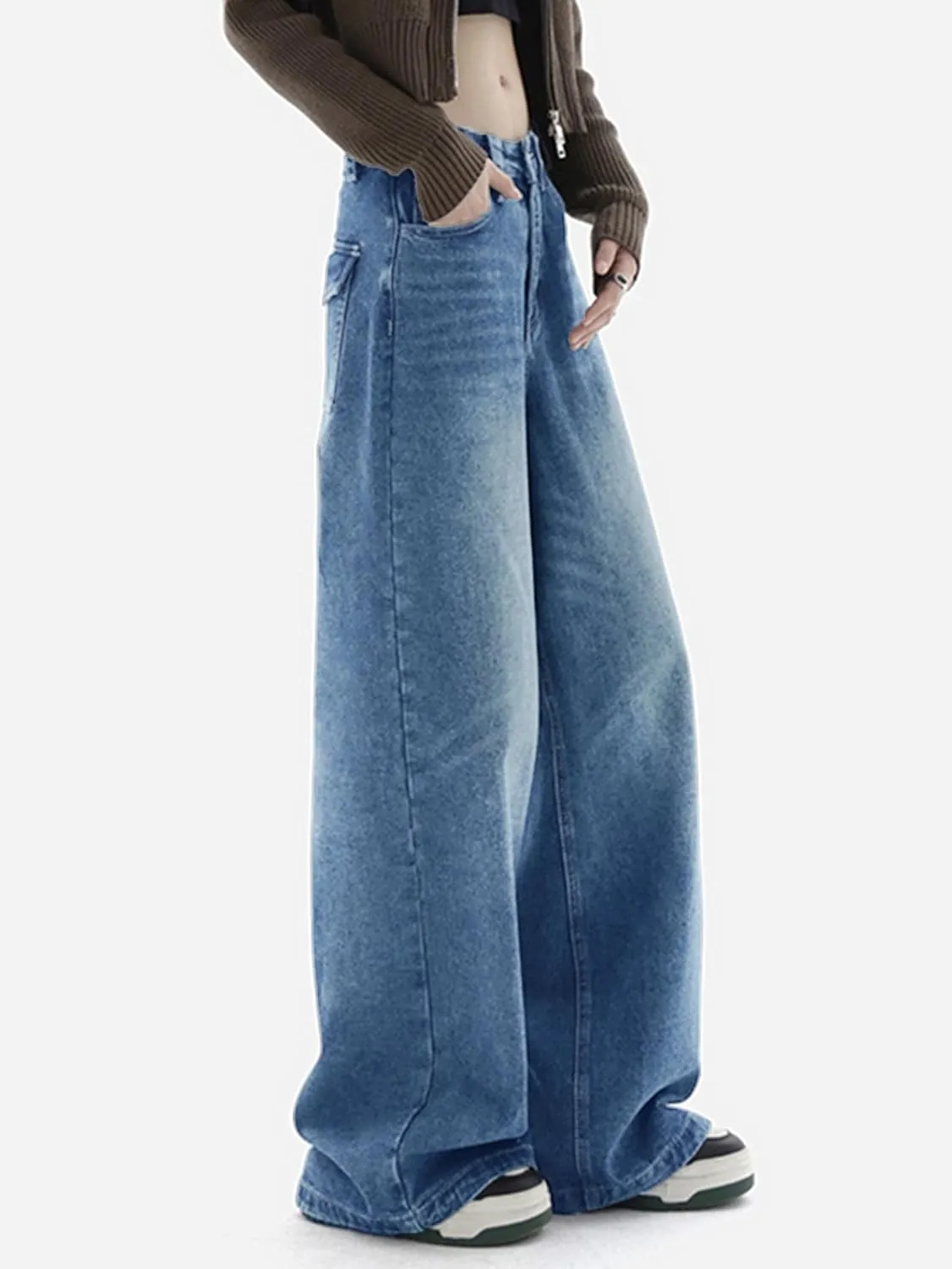 EMMIOL Women Baggy Jeans Wide Leg Mid-Low Waist Jeans Loose Boyfriends Jeans 90s Denim Pants with Pockets