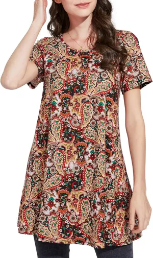 ENMAIN Womens Tunic Tops Short Sleeve Plus Size Summer Tunic Tops to Wear with Leggings Printed T-Shirt Floral Blouses