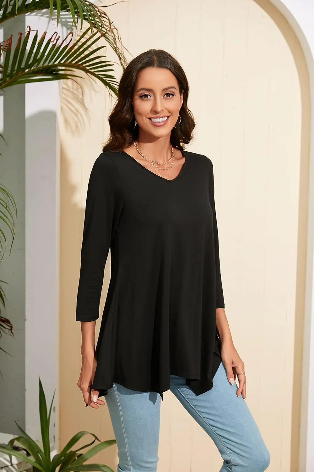 ENMAIN Womens Tunics Tops 3/4 Length Sleeve Plus Size Long Tops to Wear with Leggings Casual Loose Fit Dressy Flowy Blouses