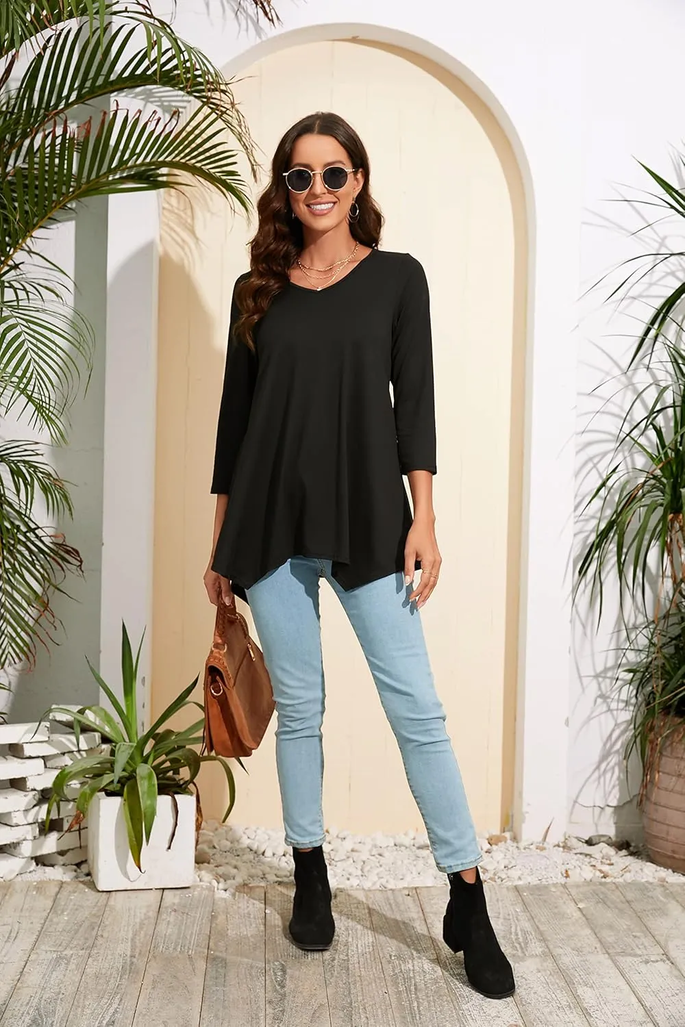 ENMAIN Womens Tunics Tops 3/4 Length Sleeve Plus Size Long Tops to Wear with Leggings Casual Loose Fit Dressy Flowy Blouses