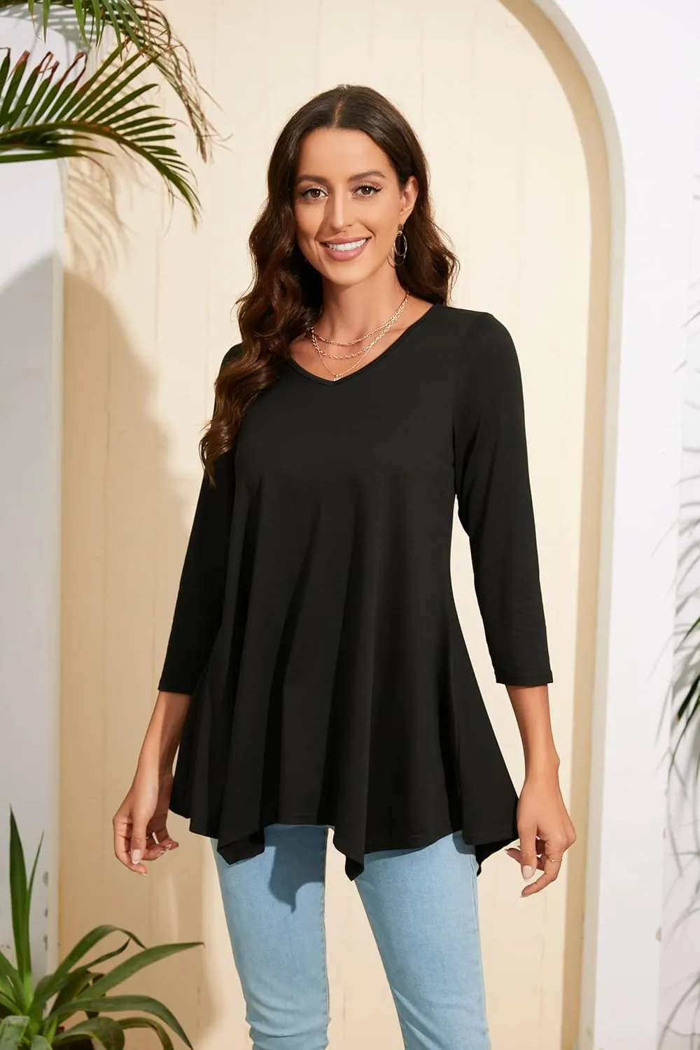 ENMAIN Womens Tunics Tops 3/4 Length Sleeve Plus Size Long Tops to Wear with Leggings Casual Loose Fit Dressy Flowy Blouses