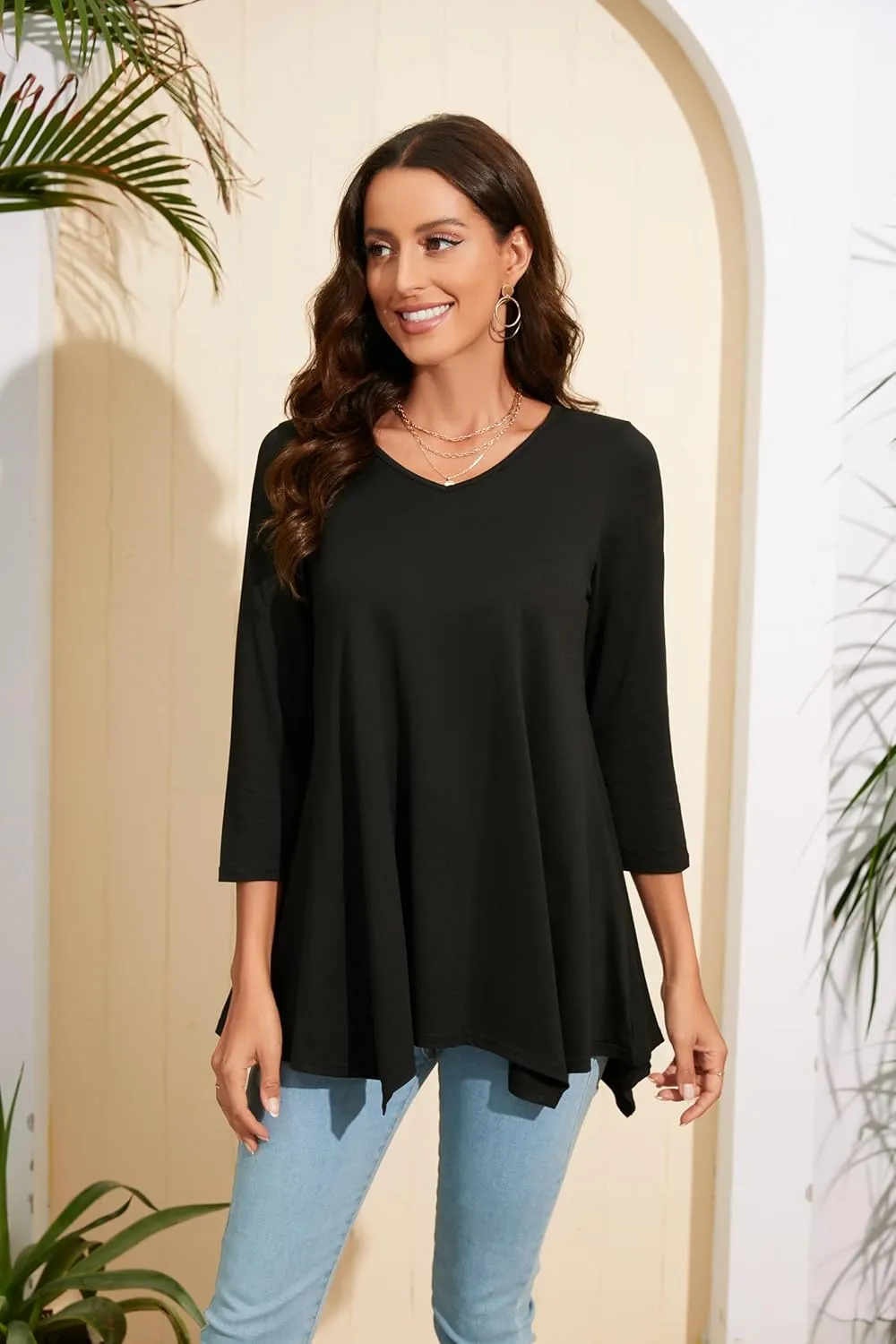 ENMAIN Womens Tunics Tops 3/4 Length Sleeve Plus Size Long Tops to Wear with Leggings Casual Loose Fit Dressy Flowy Blouses