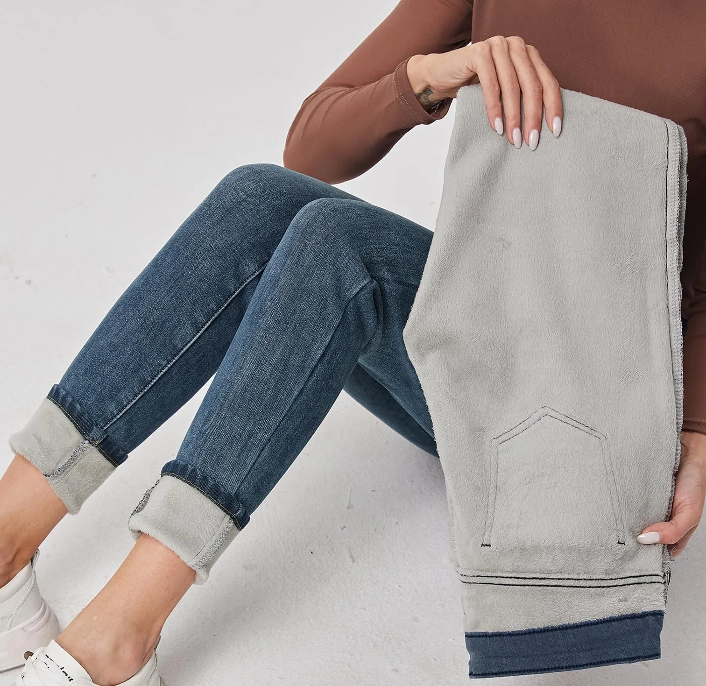 Fakanhui Women's Fleece Lined Jeans Winter Flannel Lined Jeans Thermal Denim Warm Jeans