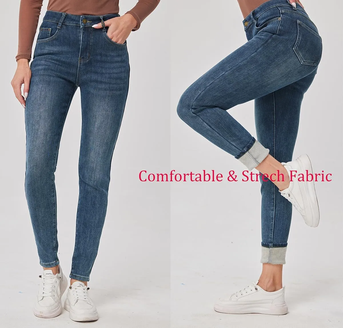 Fakanhui Women's Fleece Lined Jeans Winter Flannel Lined Jeans Thermal Denim Warm Jeans