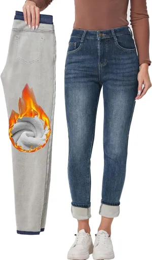 Fakanhui Women's Fleece Lined Jeans Winter Flannel Lined Jeans Thermal Denim Warm Jeans
