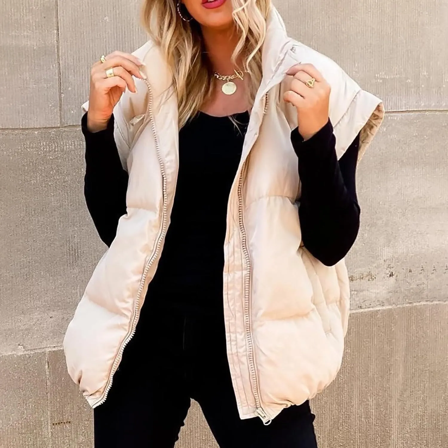 Fall Long Puffer Vest One Morality Warm V Neck Thin Down Vest Inside Trendy Winter Coat Outerwear Vest for Women