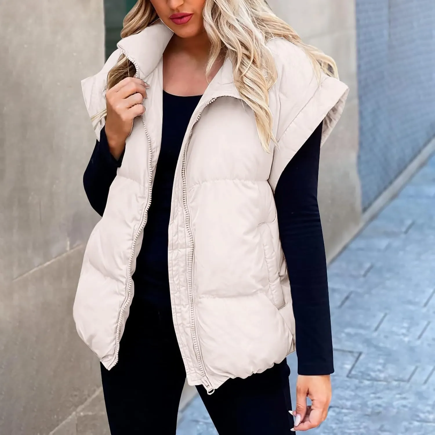 Fall Long Puffer Vest One Morality Warm V Neck Thin Down Vest Inside Trendy Winter Coat Outerwear Vest for Women