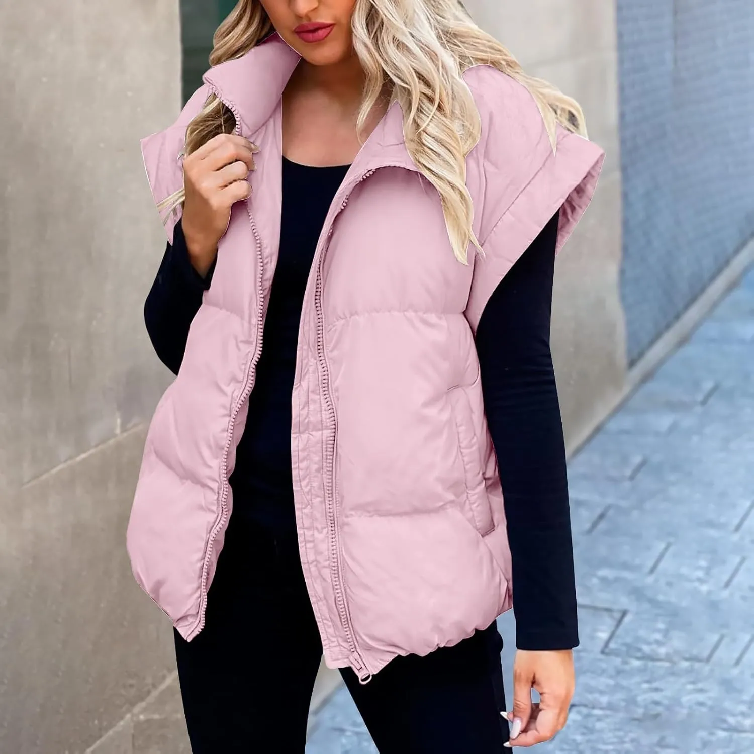 Fall Long Puffer Vest One Morality Warm V Neck Thin Down Vest Inside Trendy Winter Coat Outerwear Vest for Women