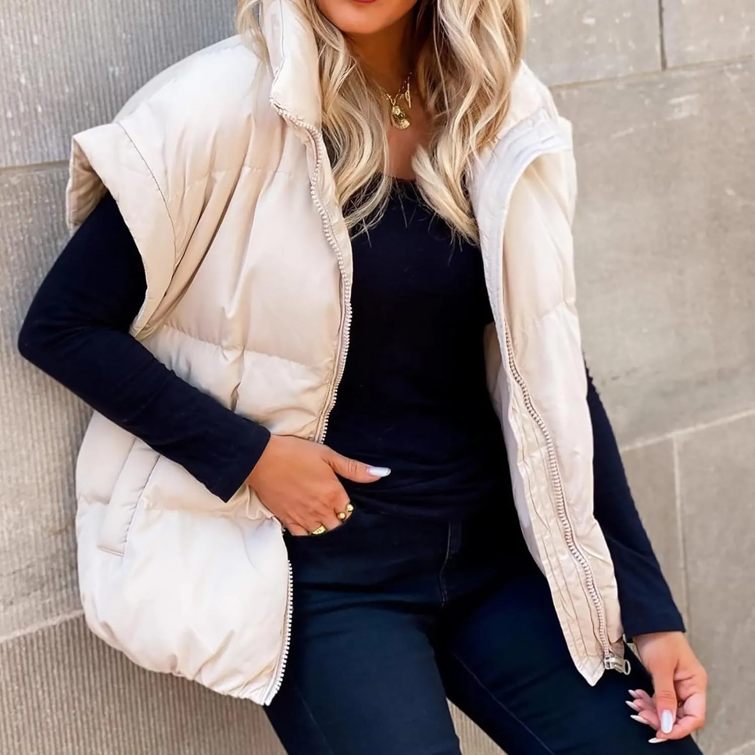 Fall Long Puffer Vest One Morality Warm V Neck Thin Down Vest Inside Trendy Winter Coat Outerwear Vest for Women