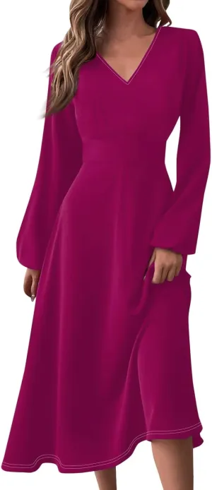 Fall Wedding Guest Dresses for Women Long Sleeve Wrap V Neck Ruffle Belted A-Line Flowy Midi Dresses