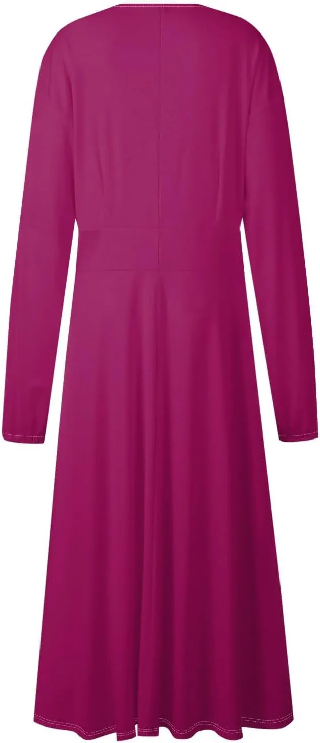 Fall Wedding Guest Dresses for Women Long Sleeve Wrap V Neck Ruffle Belted A-Line Flowy Midi Dresses