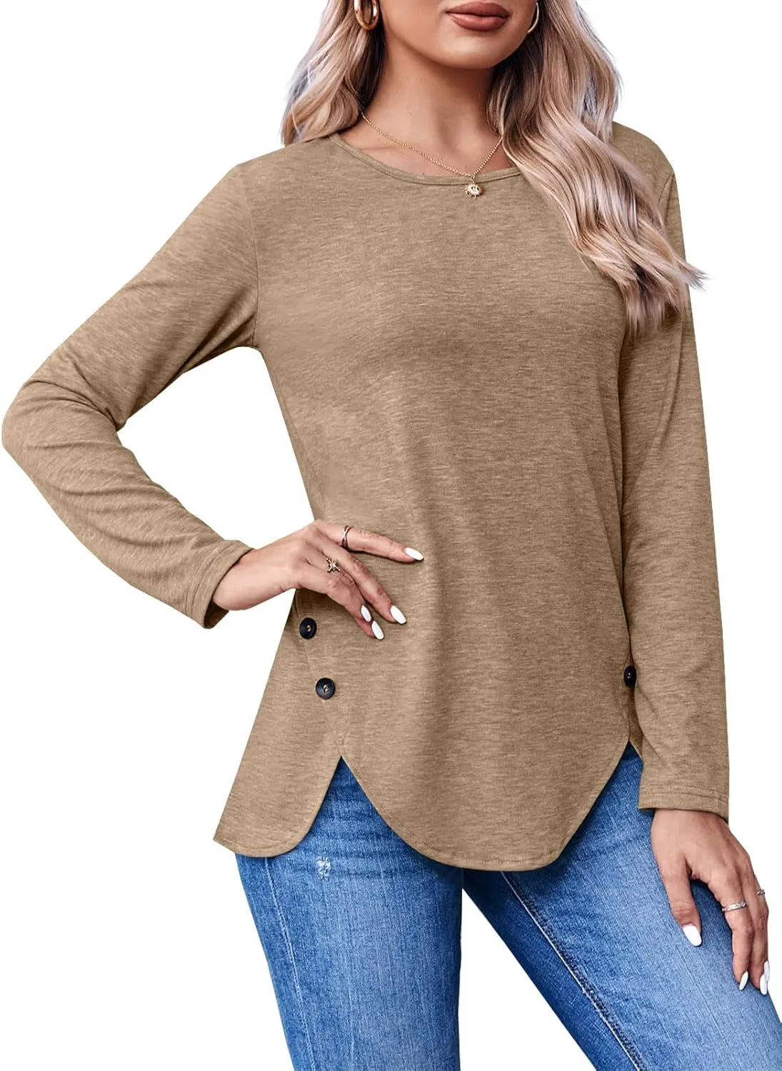 Fisoew Womens Casual Long Sleeve Tunic Tops Round Neck Shirt Button Side Basic Tees Wearring with Leggings 2024