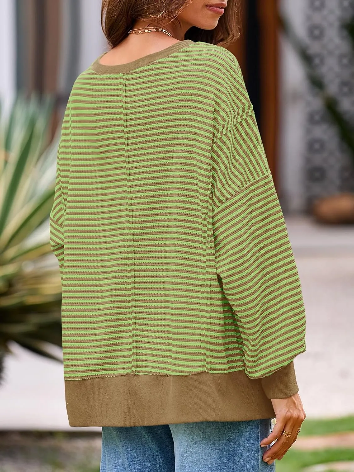 Fisoew Women's Fall Oversized Sweatshirt Casual Waffle Knit Long Sleeve Crewneck Split Pullover Tunic Tops