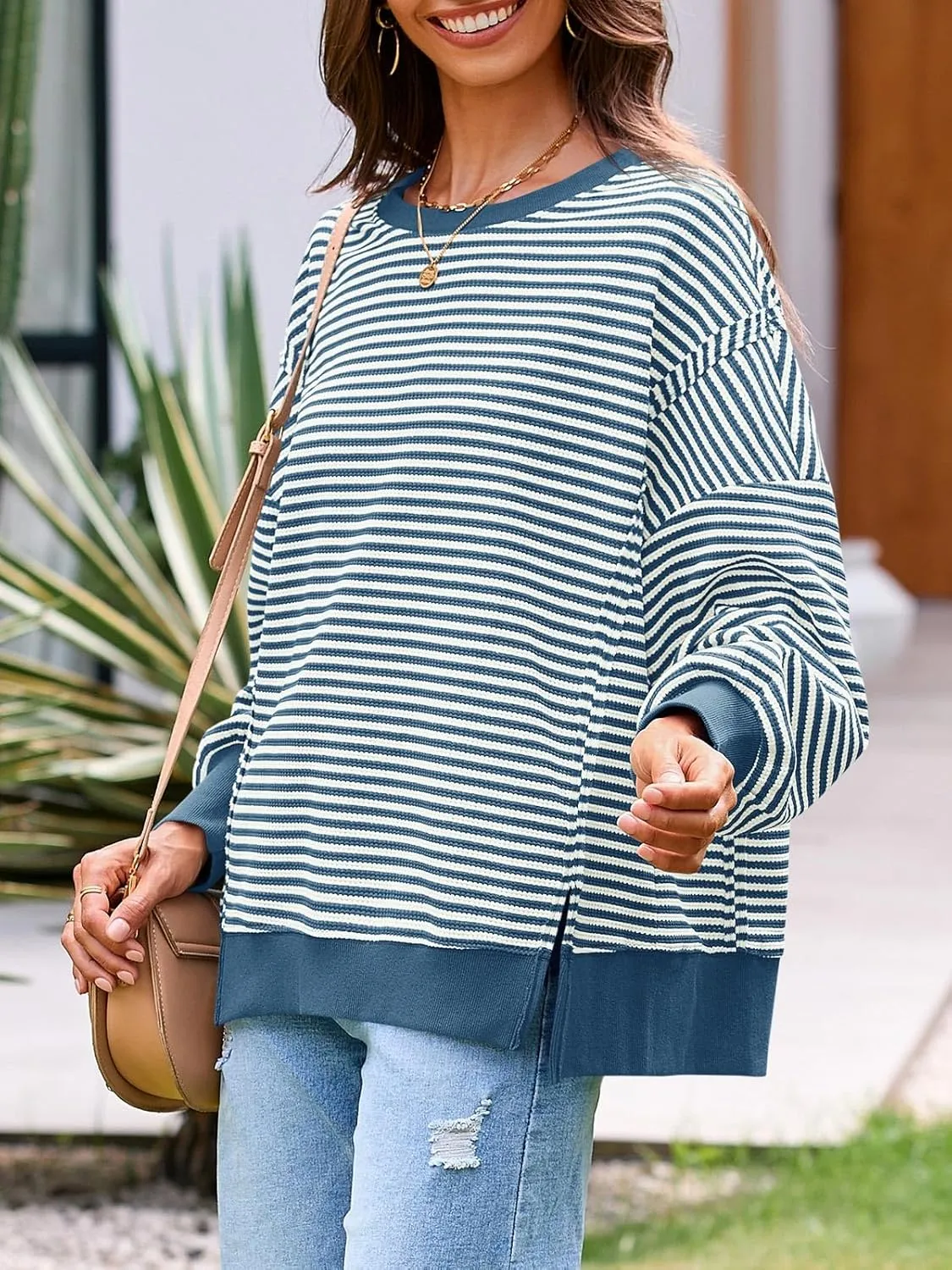 Fisoew Women's Fall Oversized Sweatshirt Casual Waffle Knit Long Sleeve Crewneck Split Pullover Tunic Tops