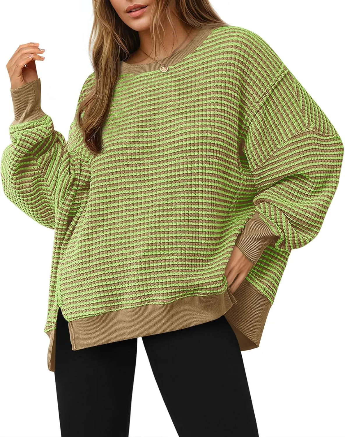 Fisoew Women's Fall Oversized Sweatshirt Casual Waffle Knit Long Sleeve Crewneck Split Pullover Tunic Tops
