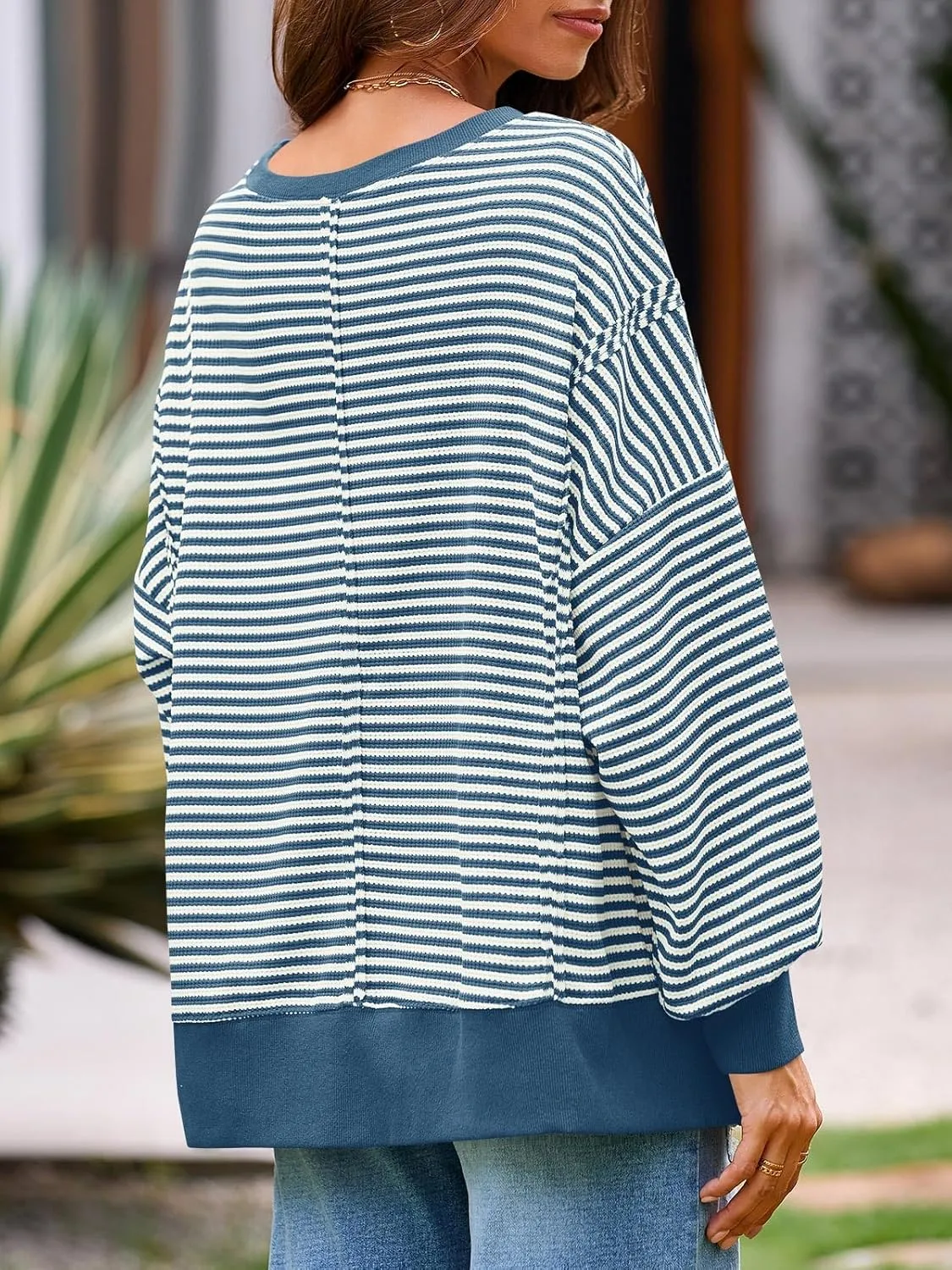 Fisoew Women's Fall Oversized Sweatshirt Casual Waffle Knit Long Sleeve Crewneck Split Pullover Tunic Tops