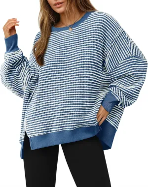 Fisoew Women's Fall Oversized Sweatshirt Casual Waffle Knit Long Sleeve Crewneck Split Pullover Tunic Tops