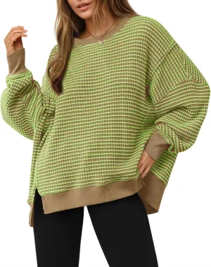 Fisoew Women's Fall Oversized Sweatshirt Casual Waffle Knit Long Sleeve Crewneck Split Pullover Tunic Tops
