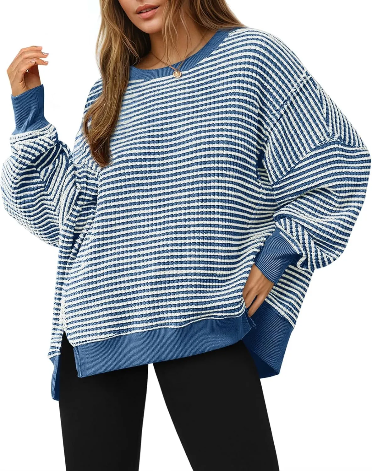 Fisoew Women's Fall Oversized Sweatshirt Casual Waffle Knit Long Sleeve Crewneck Split Pullover Tunic Tops