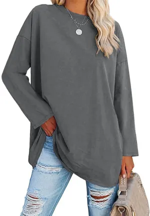 Fisoew Women's Long Sleeve Oversized T Shirts Loose Casual Crewneck Tunic Tops Soft Blouse