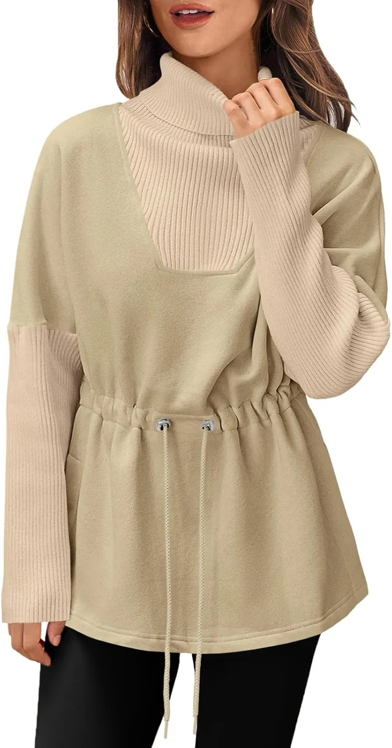 Fisoew Women's Turtleneck Sweatshirts Fleece Drawstring Waist Casual Long Sleeve Pullover Sweater Side Slit Tunic Tops