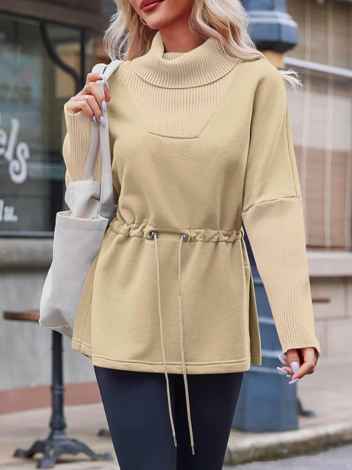 Fisoew Women's Turtleneck Sweatshirts Fleece Drawstring Waist Casual Long Sleeve Pullover Sweater Side Slit Tunic Tops