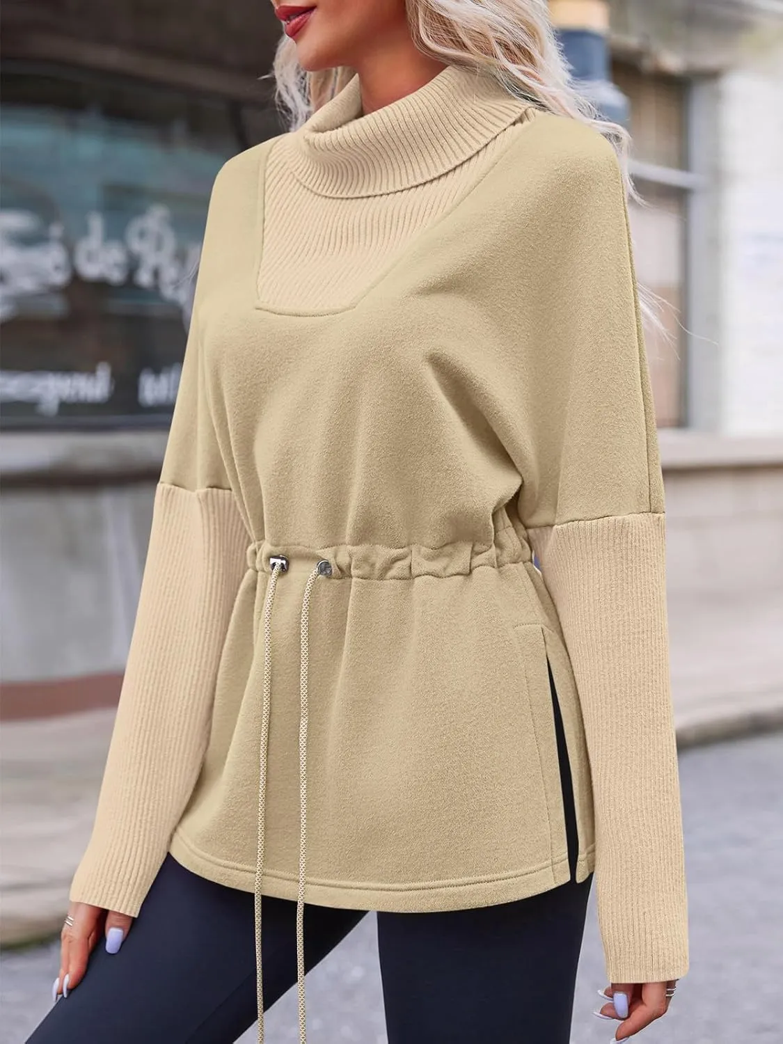 Fisoew Women's Turtleneck Sweatshirts Fleece Drawstring Waist Casual Long Sleeve Pullover Sweater Side Slit Tunic Tops