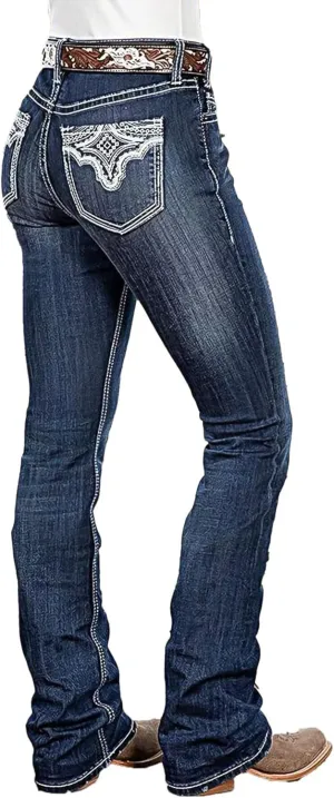 Flamingals Bootcut Jeans for Women Mid Rise Stretchy Skinny Jeans Trendy Wash Button Fly Vintage Denim Jeans Without Belt