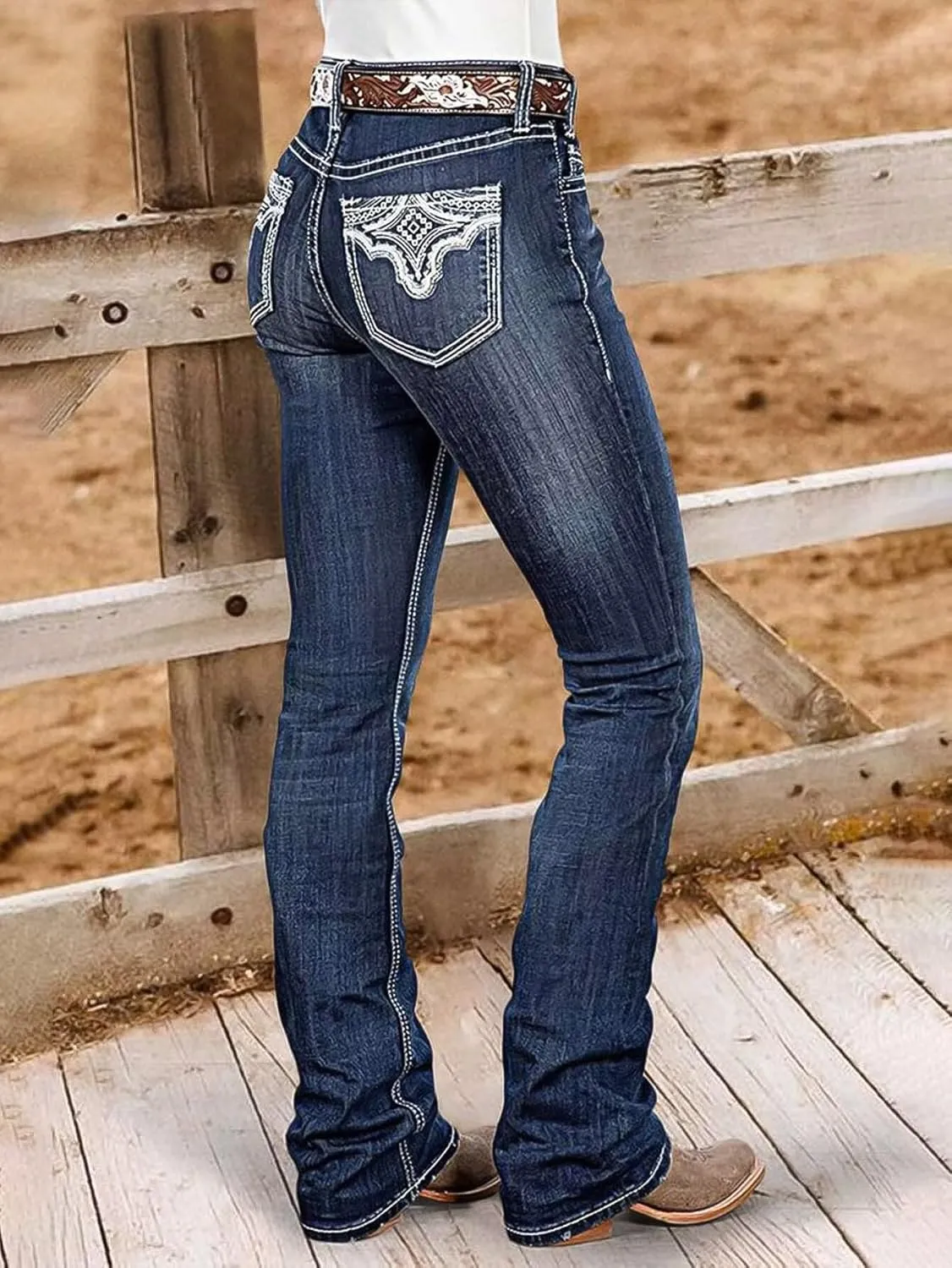 Flamingals Bootcut Jeans for Women Mid Rise Stretchy Skinny Jeans Trendy Wash Button Fly Vintage Denim Jeans Without Belt