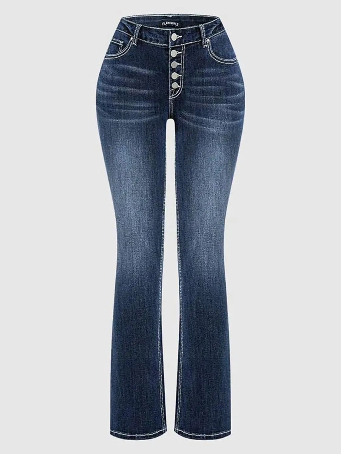 Flamingals Bootcut Jeans for Women Mid Rise Stretchy Skinny Jeans Trendy Wash Button Fly Vintage Denim Jeans Without Belt