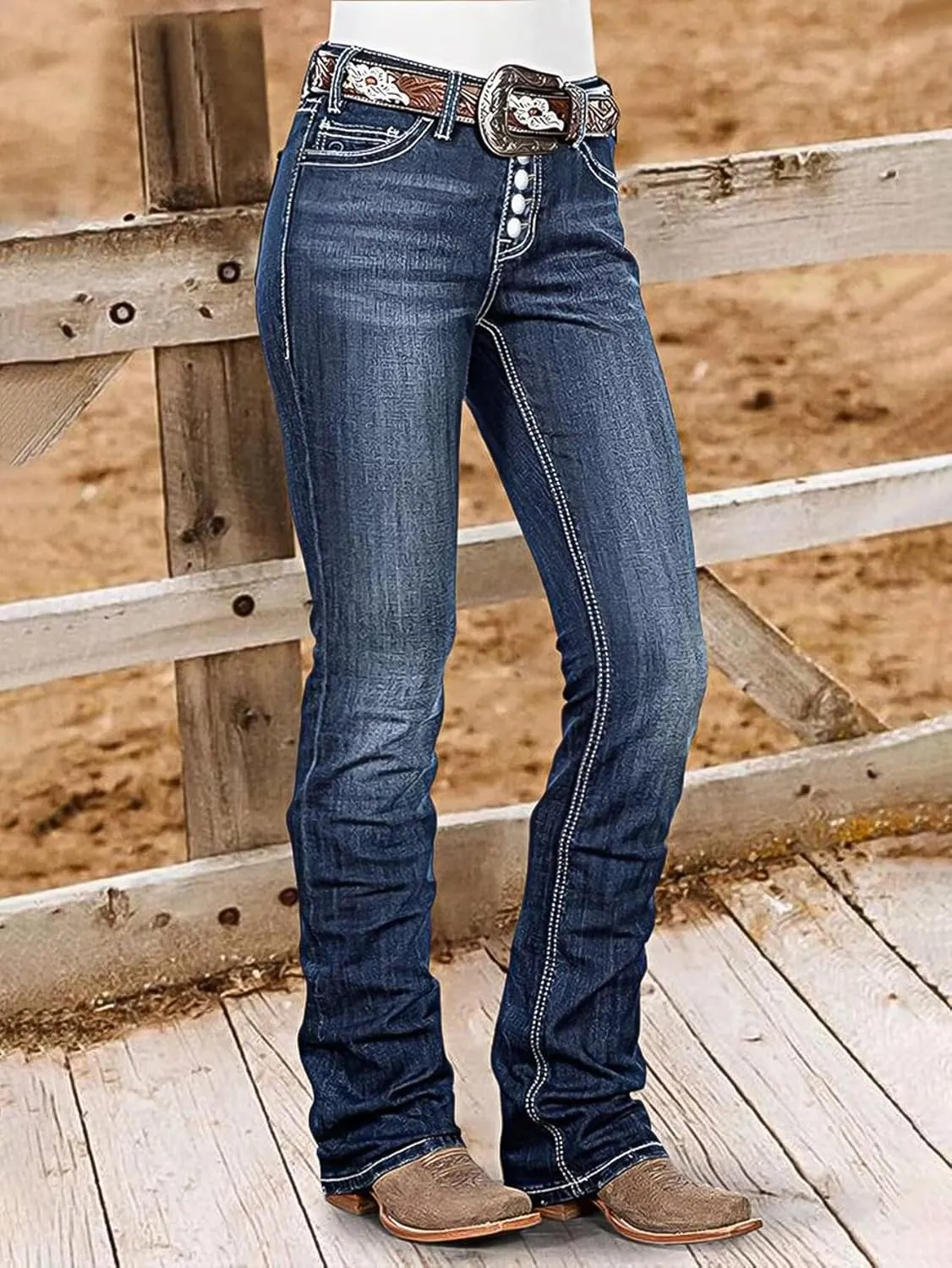 Flamingals Bootcut Jeans for Women Mid Rise Stretchy Skinny Jeans Trendy Wash Button Fly Vintage Denim Jeans Without Belt