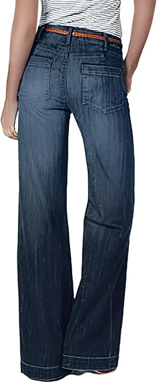 Flamingals Wide Leg Jeans for Women Stretch Low Waist Baggy Jeans Boot Cut Jeans Flare Leg Denim Pants Without Belt