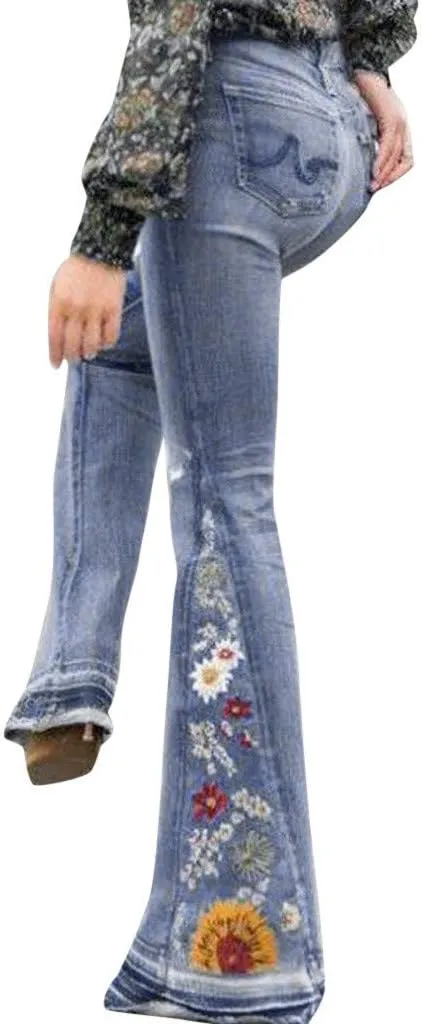 Flared Jeans for Women High Waisted Bell Bottom Jeans 70s Retro Jeans Lightweight Denim Pants Embroidered Bootcut Jeans