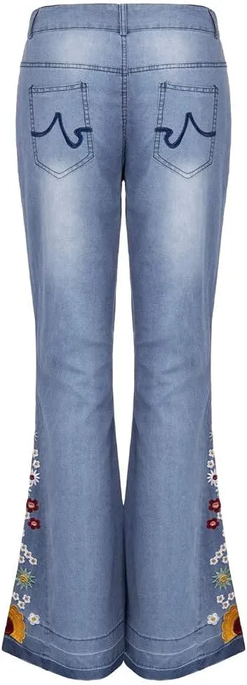 Flared Jeans for Women High Waisted Bell Bottom Jeans 70s Retro Jeans Lightweight Denim Pants Embroidered Bootcut Jeans