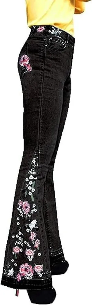 Flared Jeans for Women High Waisted Bell Bottom Jeans 70s Retro Jeans Lightweight Denim Pants Embroidered Bootcut Jeans