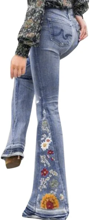 Flared Jeans for Women High Waisted Bell Bottom Jeans 70s Retro Jeans Lightweight Denim Pants Embroidered Bootcut Jeans
