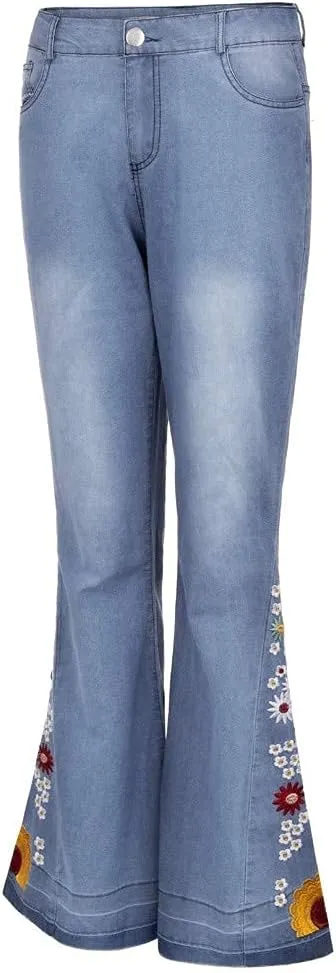 Flared Jeans for Women High Waisted Bell Bottom Jeans 70s Retro Jeans Lightweight Denim Pants Embroidered Bootcut Jeans