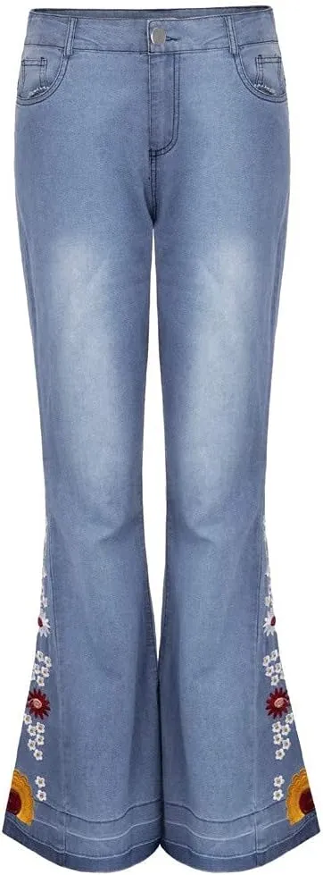 Flared Jeans for Women High Waisted Bell Bottom Jeans 70s Retro Jeans Lightweight Denim Pants Embroidered Bootcut Jeans