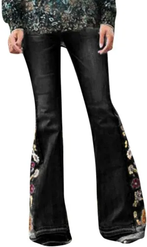 Flared Jeans for Women High Waisted Bell Bottom Jeans 70s Retro Jeans Lightweight Denim Pants Embroidered Bootcut Jeans
