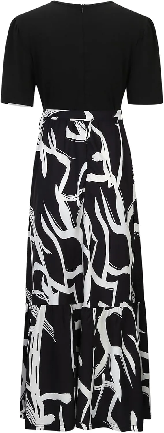 Floral Dresses for Women with Belt Print Summer Patchwork Short Sleeve Dress Ruffle Hem Elegant Casual Maxi Dress