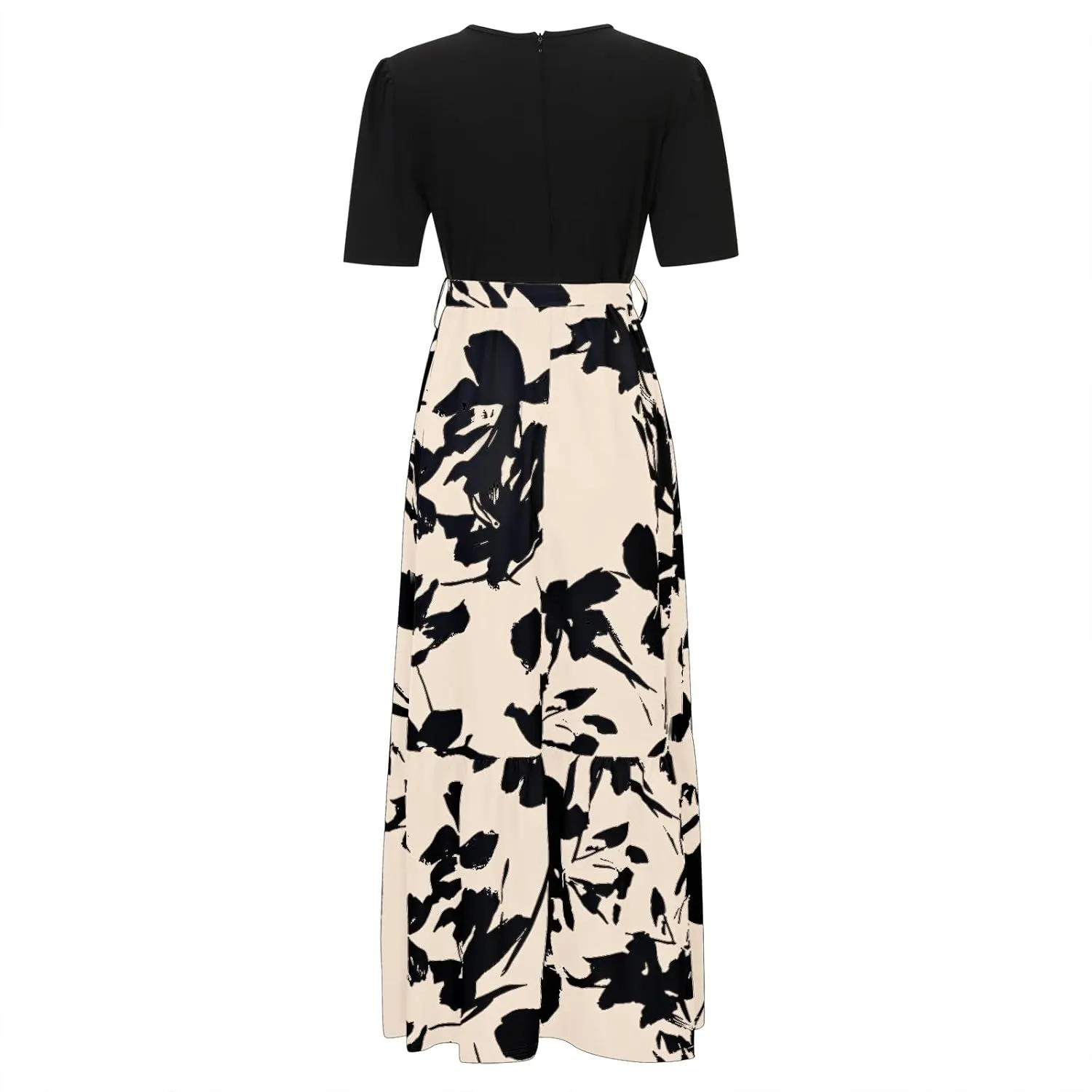 Floral Dresses for Women with Belt Print Summer Patchwork Short Sleeve Dress Ruffle Hem Elegant Casual Maxi Dress