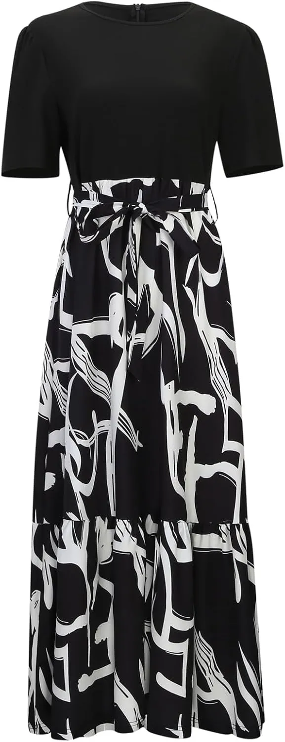 Floral Dresses for Women with Belt Print Summer Patchwork Short Sleeve Dress Ruffle Hem Elegant Casual Maxi Dress