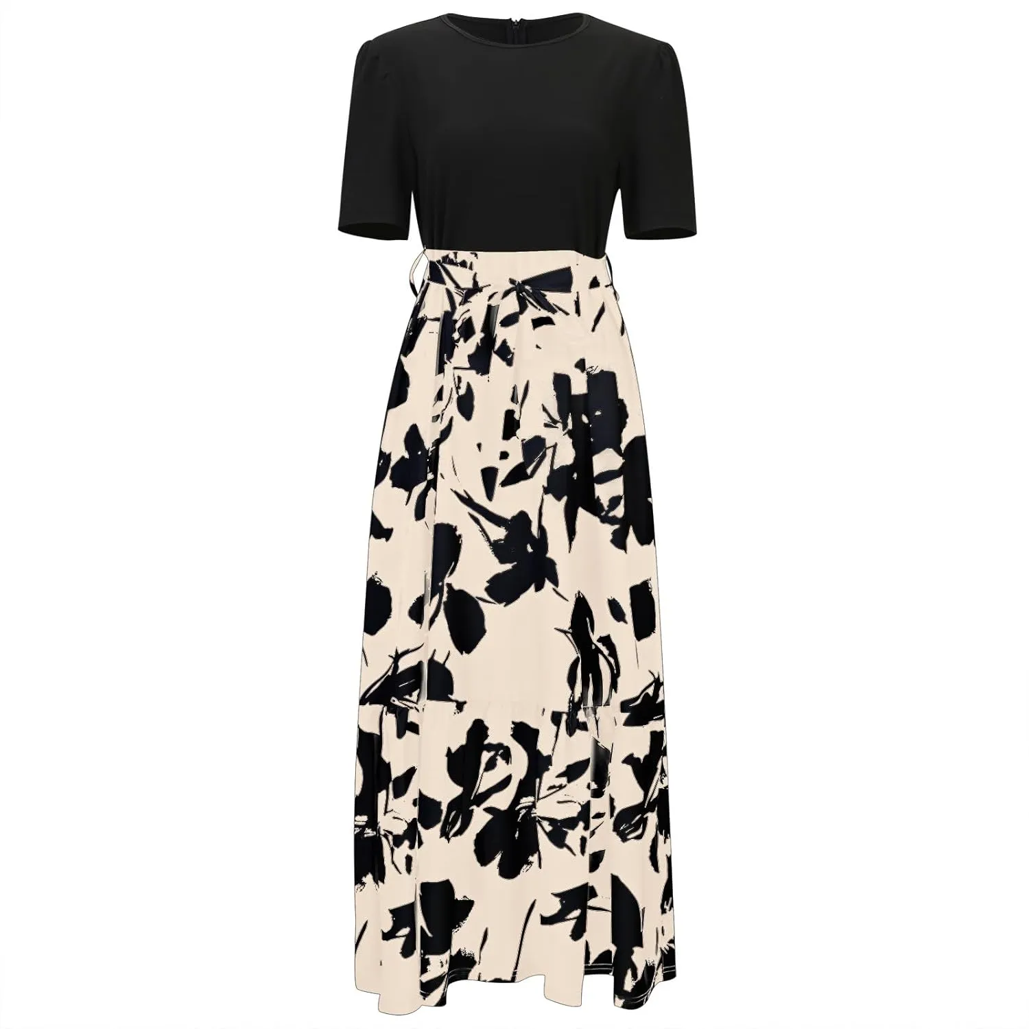 Floral Dresses for Women with Belt Print Summer Patchwork Short Sleeve Dress Ruffle Hem Elegant Casual Maxi Dress