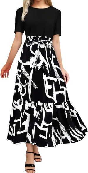 Floral Dresses for Women with Belt Print Summer Patchwork Short Sleeve Dress Ruffle Hem Elegant Casual Maxi Dress