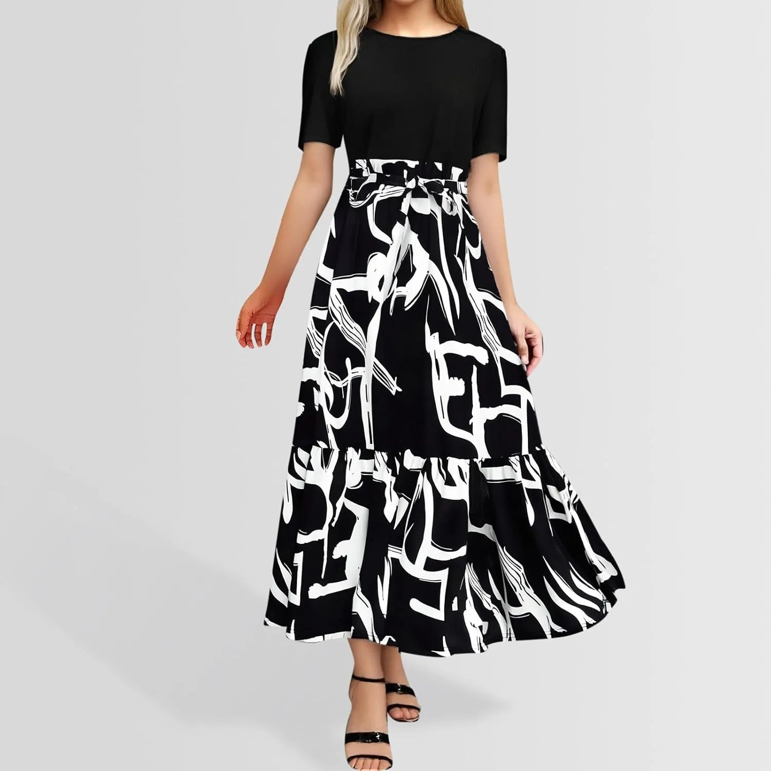 Floral Dresses for Women with Belt Print Summer Patchwork Short Sleeve Dress Ruffle Hem Elegant Casual Maxi Dress