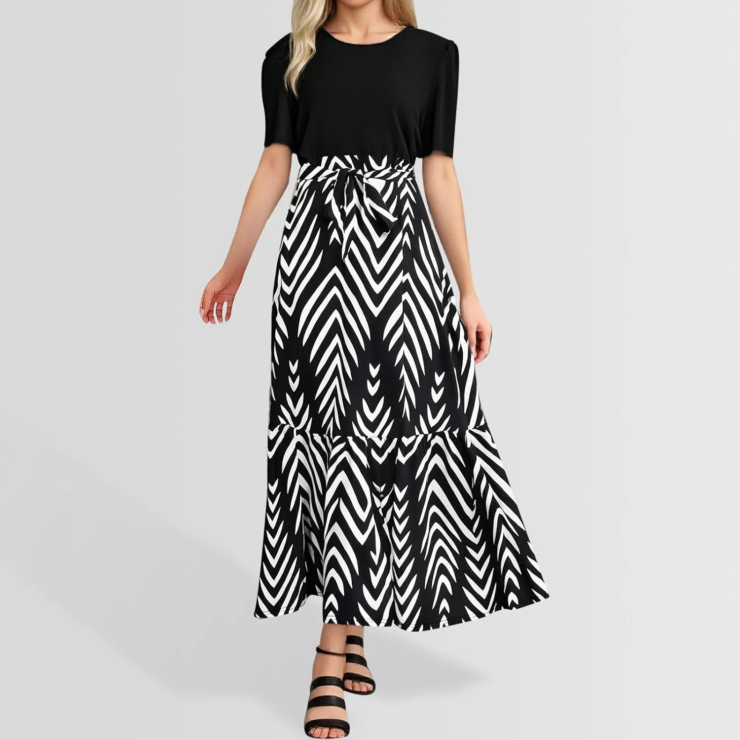 Floral Dresses for Women with Belt Print Summer Patchwork Short Sleeve Dress Ruffle Hem Elegant Casual Maxi Dress