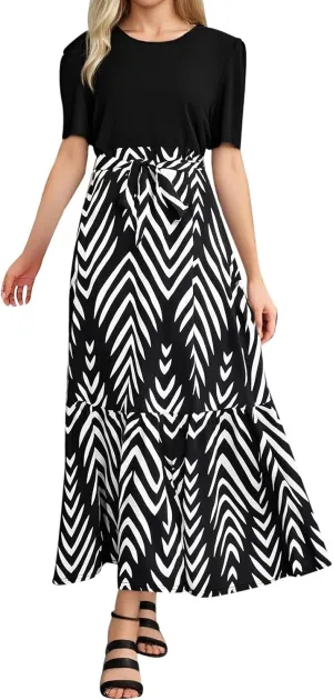 Floral Dresses for Women with Belt Print Summer Patchwork Short Sleeve Dress Ruffle Hem Elegant Casual Maxi Dress