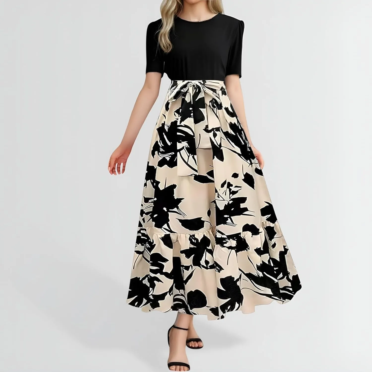 Floral Dresses for Women with Belt Print Summer Patchwork Short Sleeve Dress Ruffle Hem Elegant Casual Maxi Dress