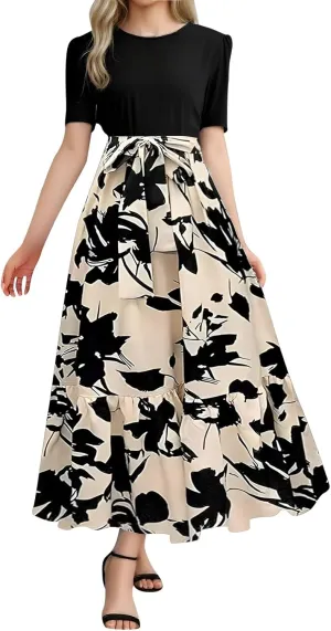 Floral Dresses for Women with Belt Print Summer Patchwork Short Sleeve Dress Ruffle Hem Elegant Casual Maxi Dress