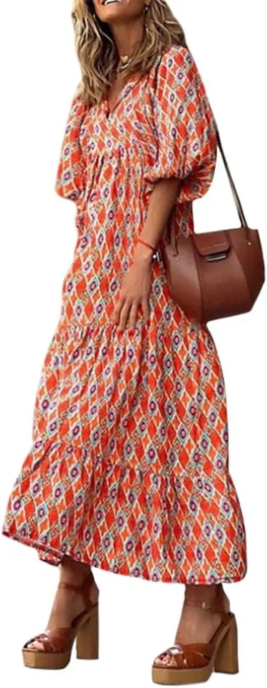 Floral Print Casual Maxi Dress for Women Summer Loose V Neck Short Sleeve Flowy Long Dresses with Ruffle Swing Hem